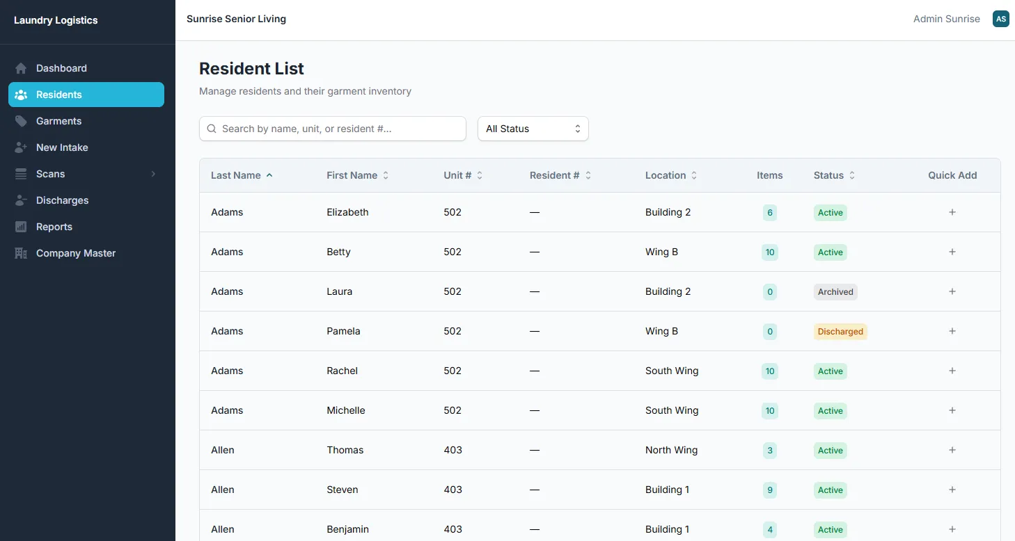 Laundry Logistics resident list dashboard